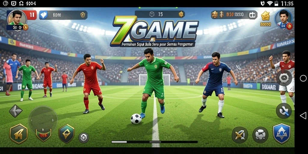 Screenshot dari permainan 7GAME menampilkan aksi sepak bola yang mendebarkan.
