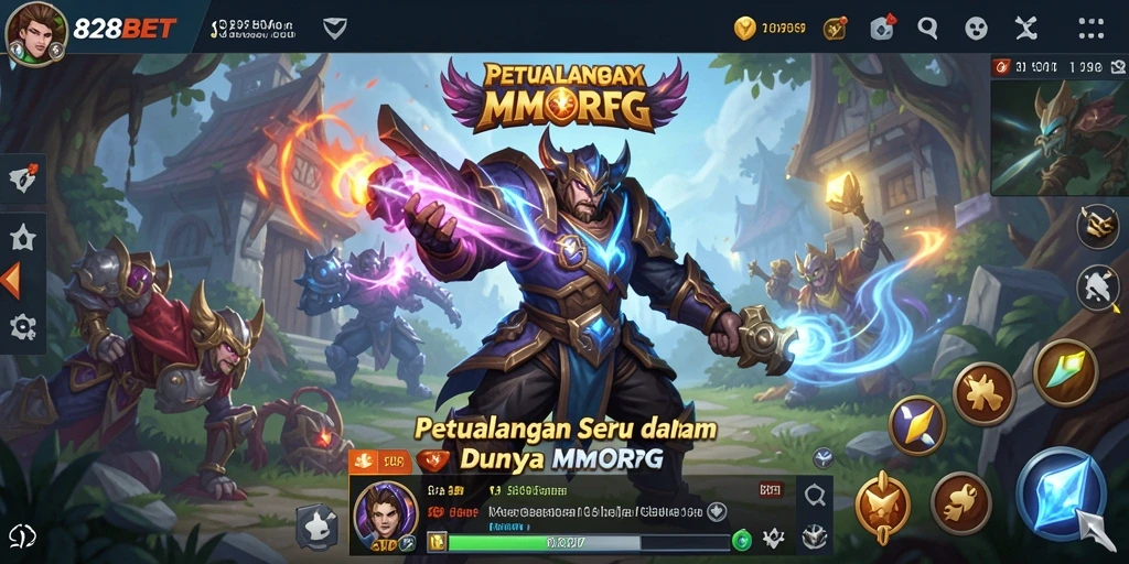 Tangkapan layar gameplay 828BET menunjukkan aksi pertarungan epik di dunia fantasi.