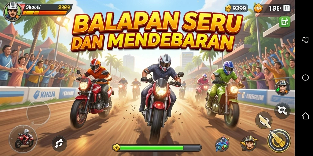 Screenshot gameplay balapan dengan mobil cepat dan trek menantang.