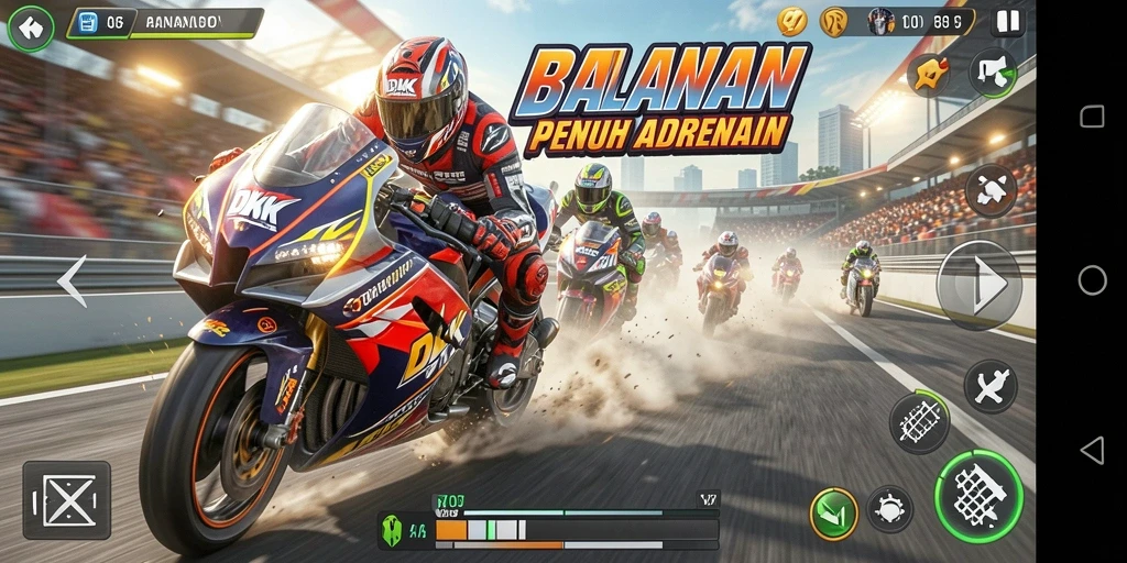 Tampilan gameplay DKK menampilkan balapan motor yang seru dan dinamis.