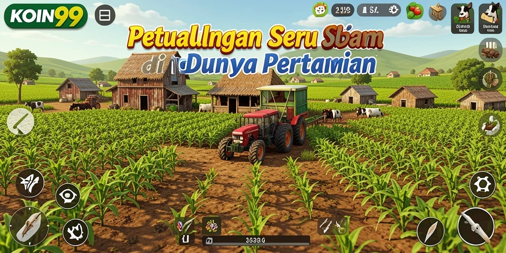 Tampilan gameplay KOIN99 yang menarik dengan aktivitas pertanian yang seru.